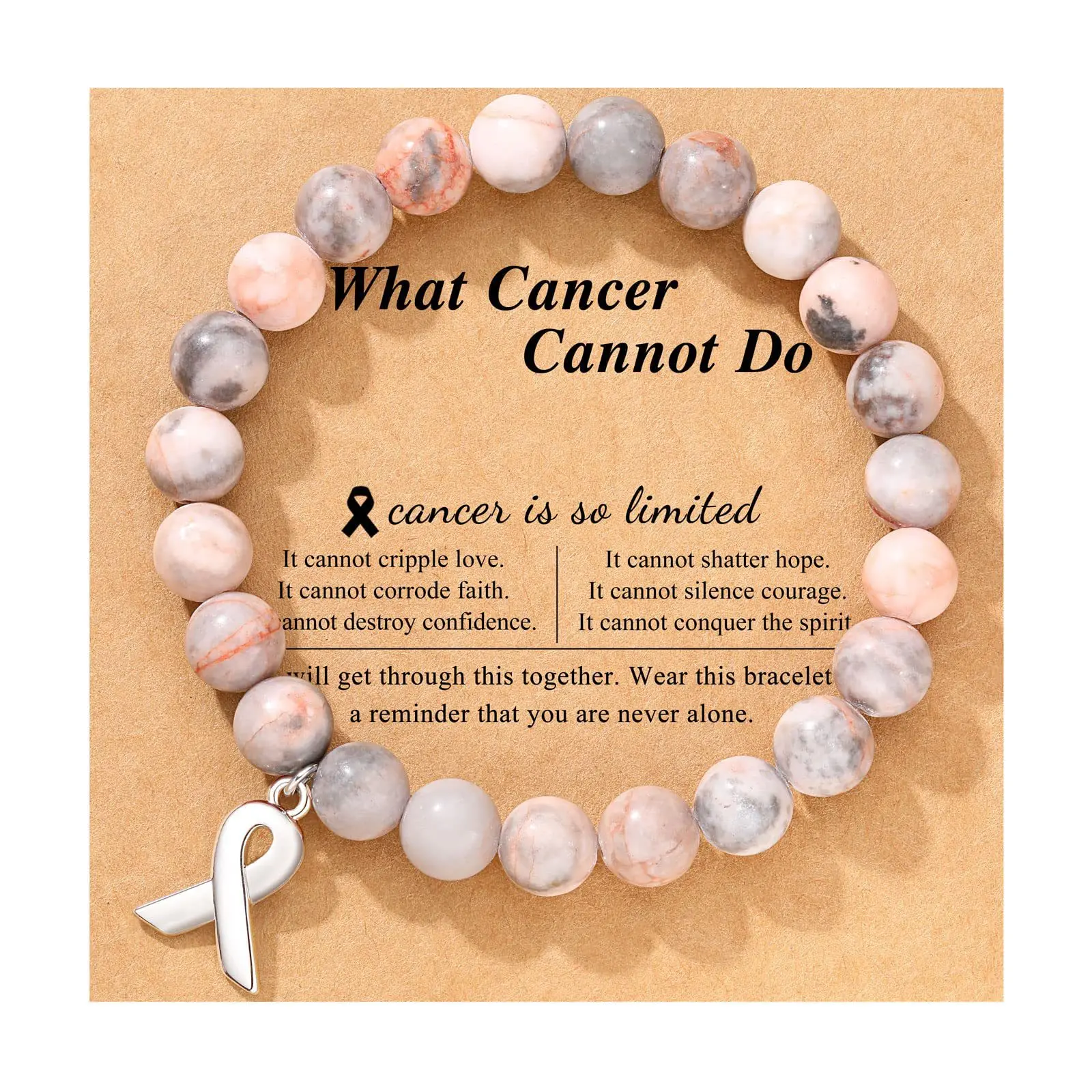 Breast Cancer Awareness Natural Stones Crystal Bracelet with Message Card Valentine\'s Day Jewellery Gifts Rose Quartz - Pink