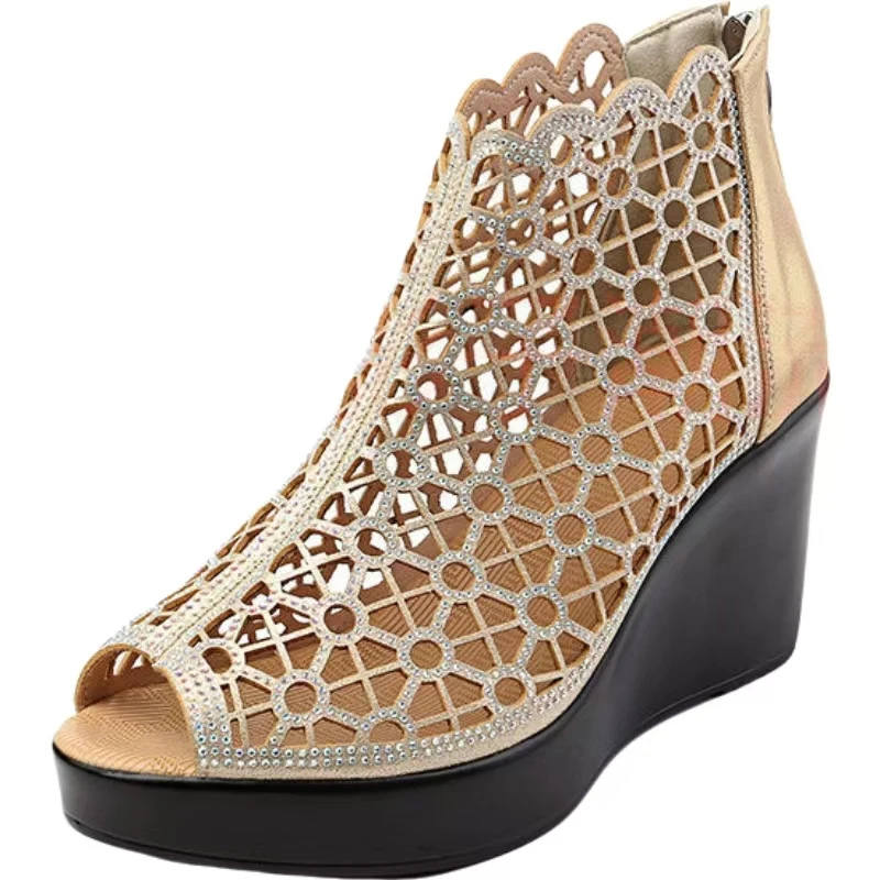 

Women's Genuine Leather Hollow Out Peep Toe Cool Boots Summer New Thick Sole Non Slip Wedges Ankle Boots Light High Heel Sandals