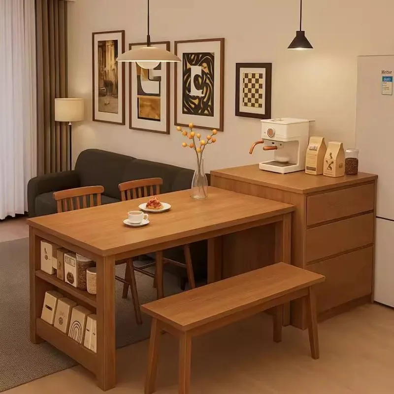 Home solid wood island dining table integrated storage separation small apartment dining table with sideboard and chair combinat