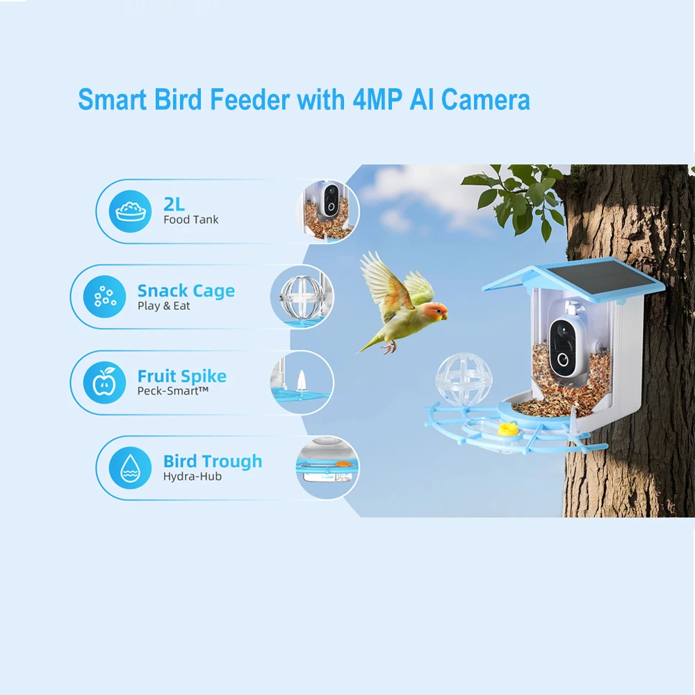 Mangiatoia per uccelli intelligente con telecamera wireless Acquisizione automatica da 4 MP Riconoscimento AI per uccelli Telecamera per aviaiaia Video solare Mangiatoia per uccelli