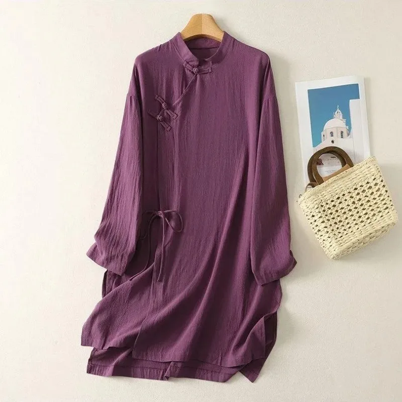 Vestido Túnica de Lino Estilo Chino para Mujer con Botones de Rana, Cuello Mao, Lazo Cruzado, Manga Larga, Estilo Zen, Top Casual