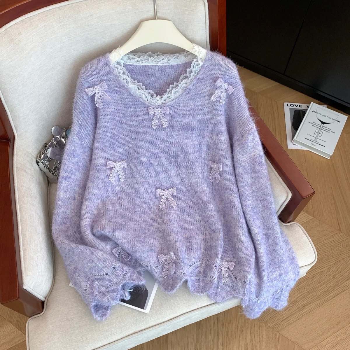 

Женский фиолетовый кружевной вязаный пуловер с бантом, свитер, винтажный джемпер, вязаный кашемировый свитер с длинными рукавами, осень-зима, одежда 2000-х годов, 2025 г.