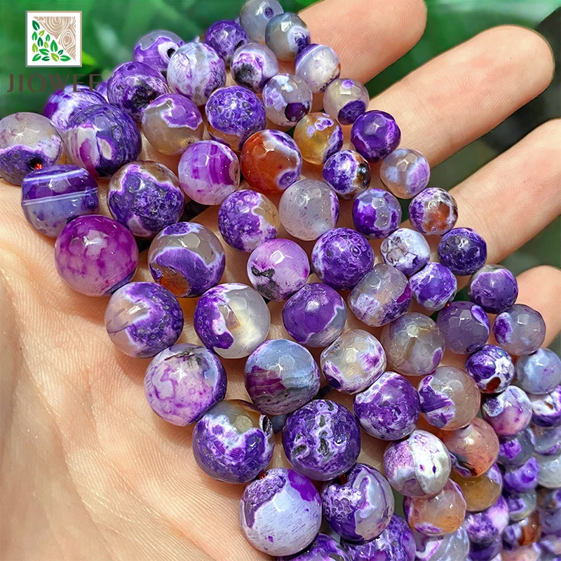 Natural Stone Purple Frost  Cracked Fire Agates Loose Beads 6/8/1012mm For Jewelry Making DIY Bracelet Necklace 15\'\' Inch