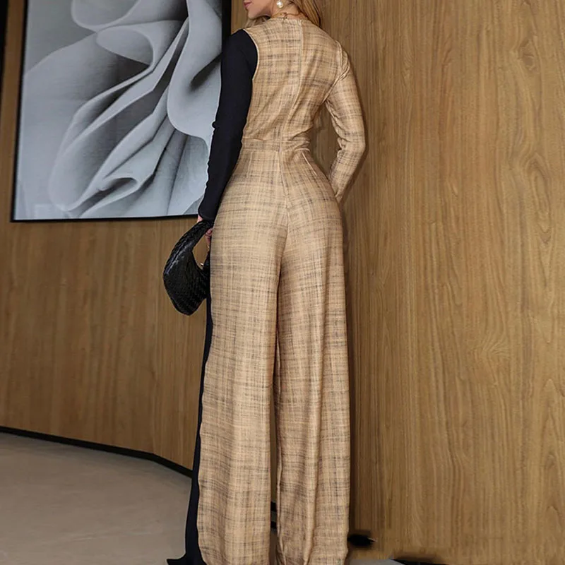 

Новый повседневный комбинезон с широкими штанинами на пуговицах, осенний комбинезон с длинными рукавами и цветными блоками, модный женский офисный комбинезон с v-образным вырезом и высокой талией