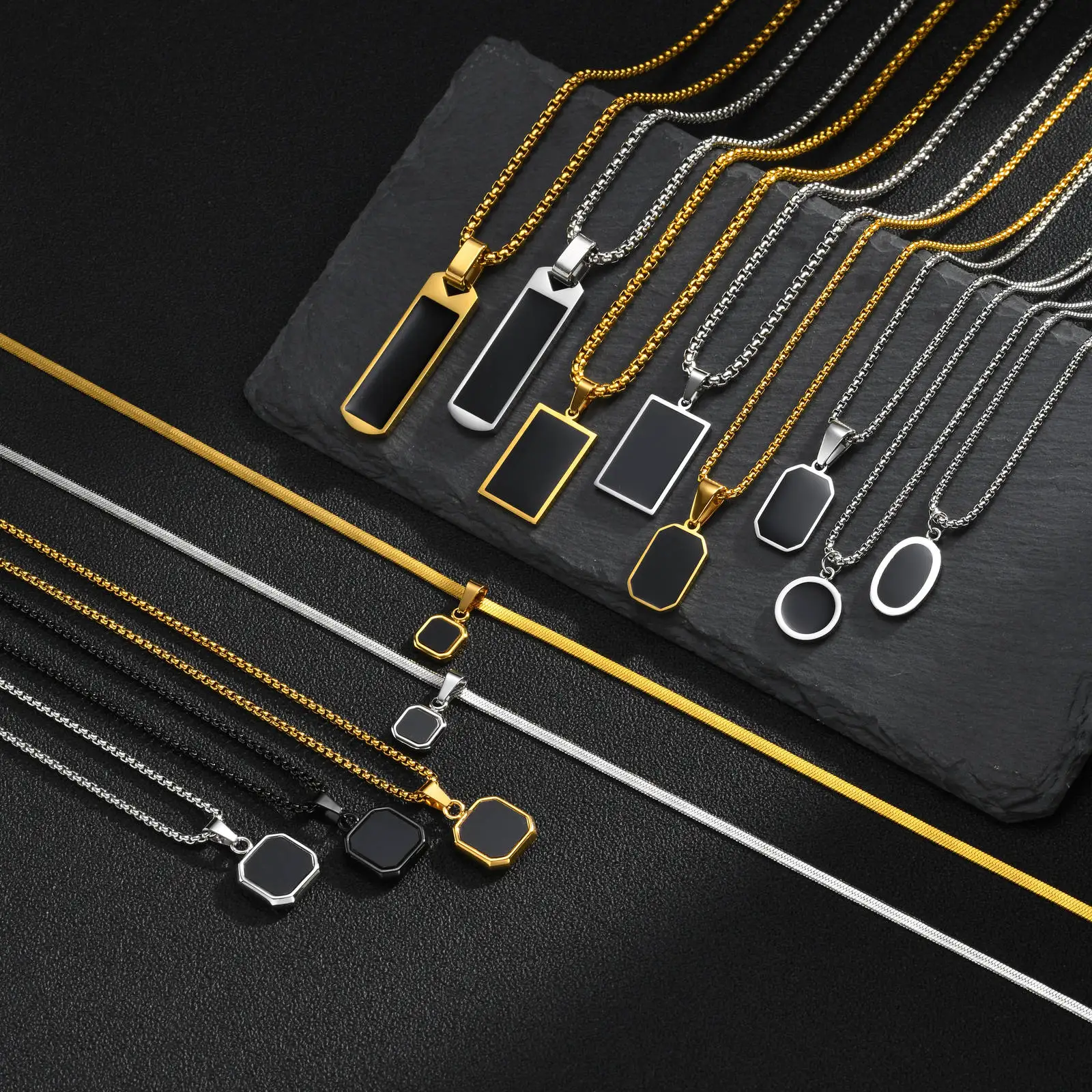 Vnox Edelstahl Geometrischer Hundemarken-Anhänger Halskette für Männer und Jungen, Hip-Hop Quadratische Runde Schwarze Acryl-Gliederkette Schmuck Geschenk – Detail 5