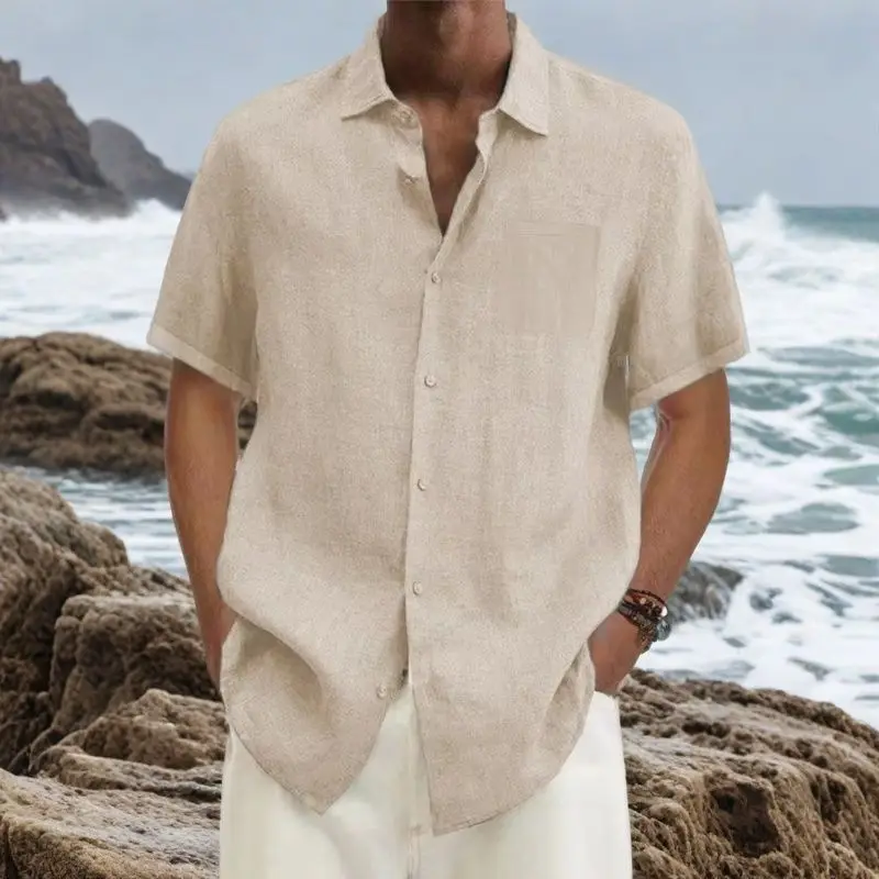 

Новая летняя мужская рубашка с короткими рукавами, хлопково-льняная дышащая повседневная рубашка с лацканами и пуговицами, деловая повседневная рубашка