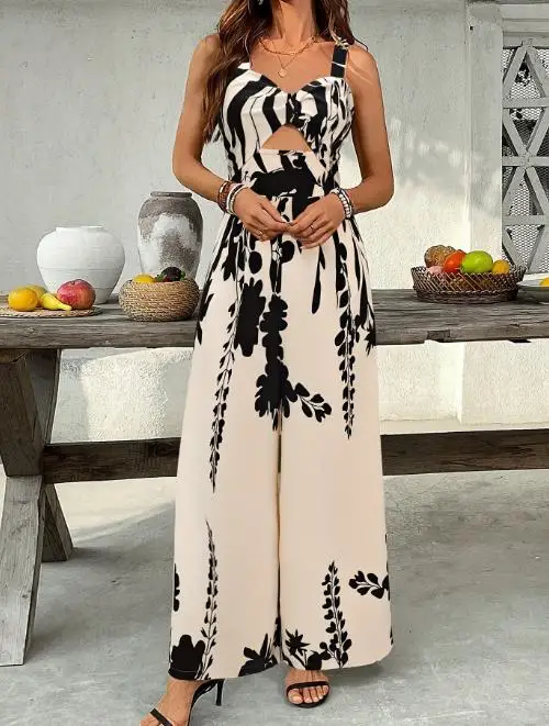 New 2023 Elegant Sexy Ethnic Style Printed Drawstring Waist Jumpsuit with Twisted Design Casual Vacation Style Women's Jumpsuit