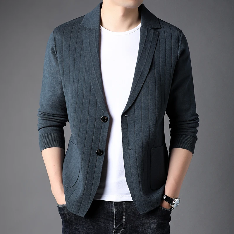 Spring Autumn Knitted Men's Blazer Luxury Solid Color Long Sleeve Single Breasted Business Casual Man Jackets Coats