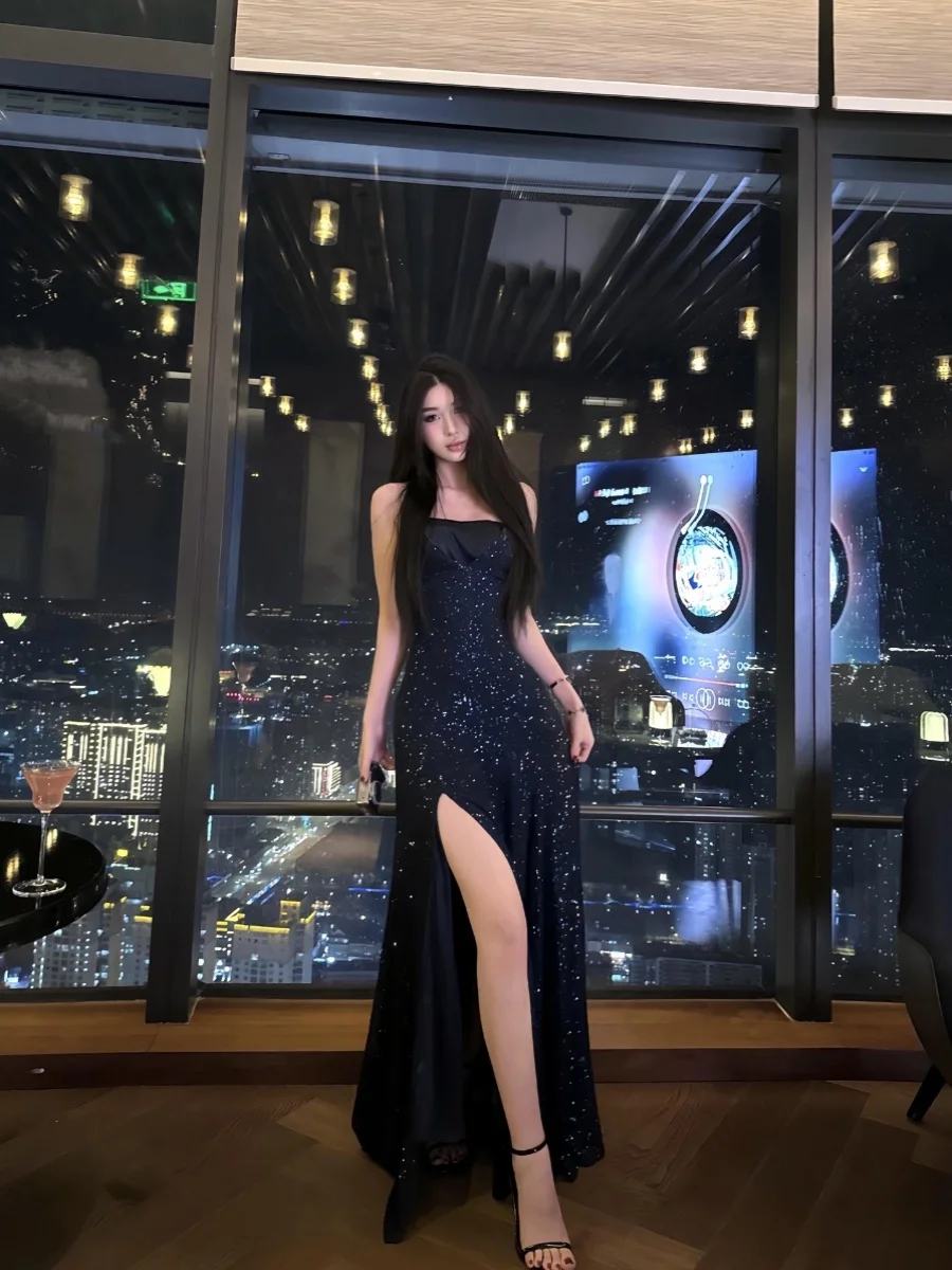 

Элегантное вечернее платье с V-образным вырезом и блестками, асимметричная длинная юбка А-силуэта, шелковое платье в уличном стиле