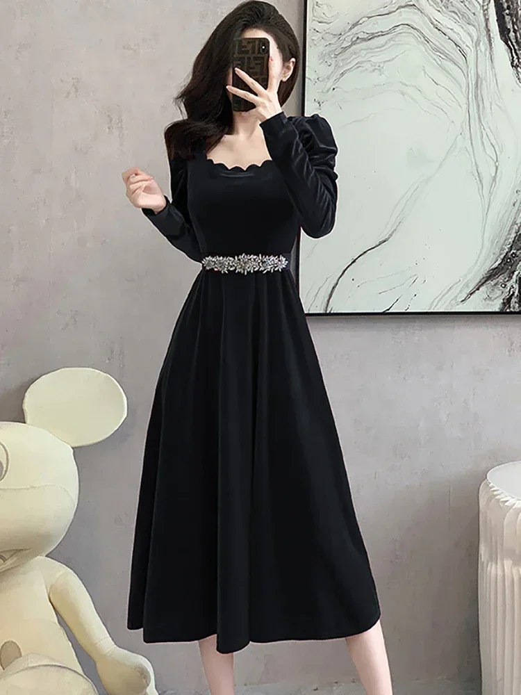 2025 Korean Vintage Bodycon Prom Dress Female Velvet Chic Diamonds Bandage Long Dress Autumn Winter Elegant Luxury Evening Dress