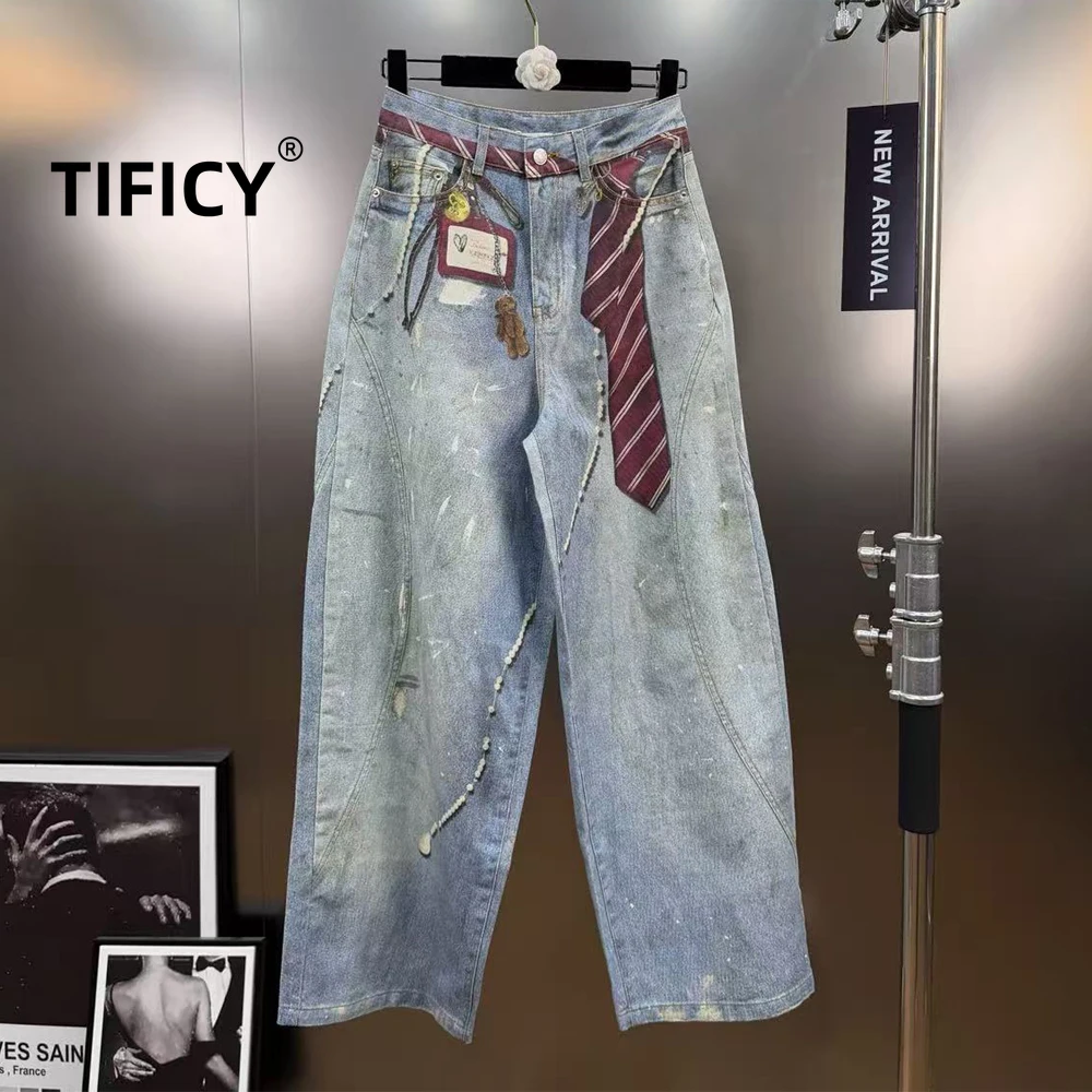 High Street Spring Vintage Tie Print Washed and Distressed Pants Women's Splashed Ink Wide Leg Denim Pants with Street Style