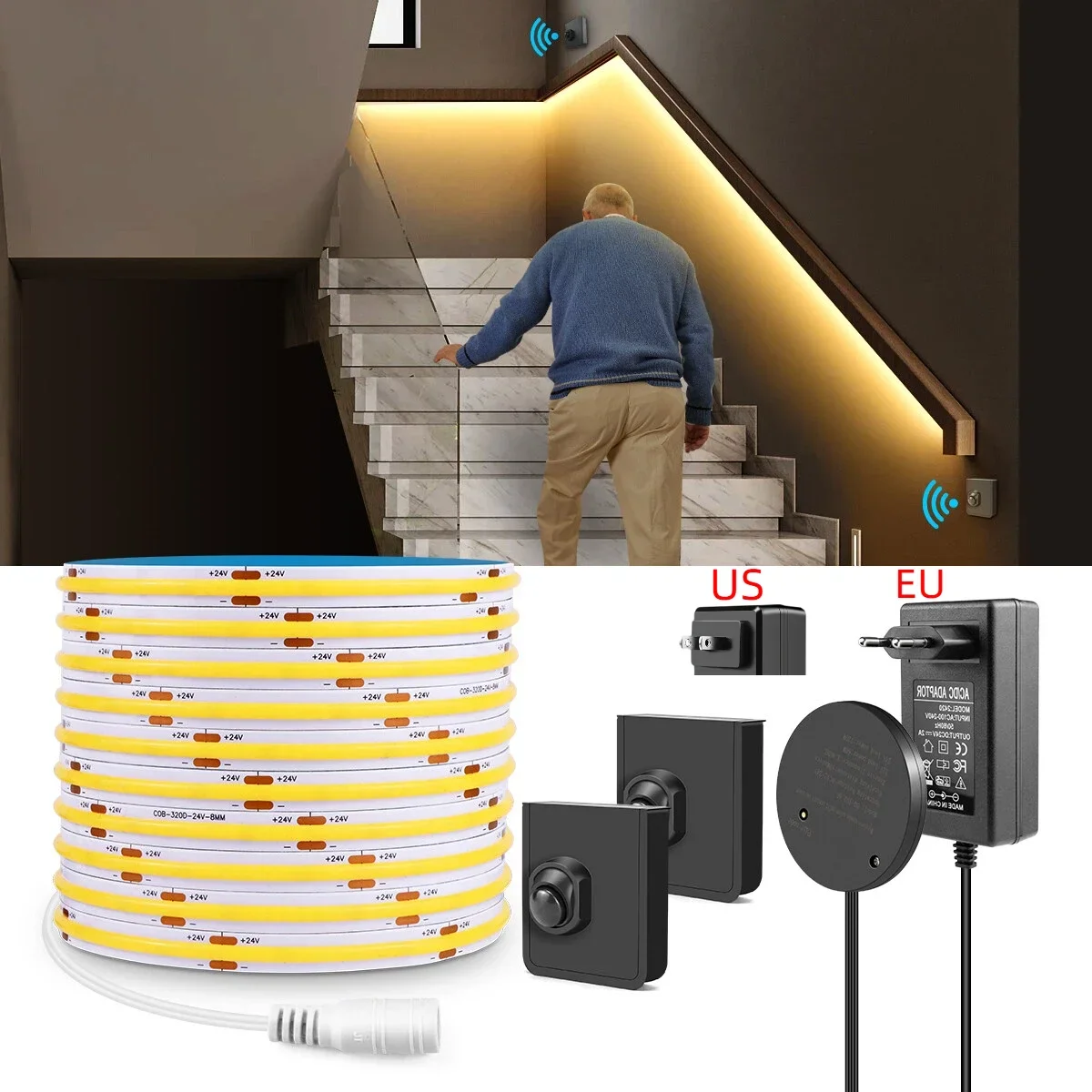 Dual Wireless Bewegliche PIR Motion Sensoren 10M 5M COB Streifen Licht Set DC24V 320LEDs/M Hohe helle Für Schlafzimmer Korridor Treppen