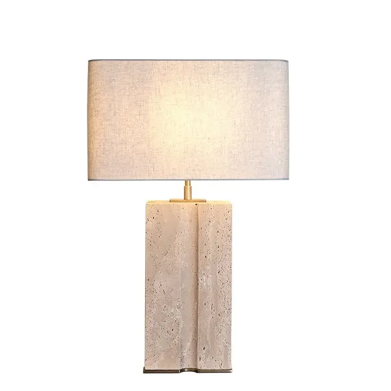 Rectangular Geometry Groove Natural Travertine Stone Living Room Bedside Desk Table Lamp With Fabric Lampshade