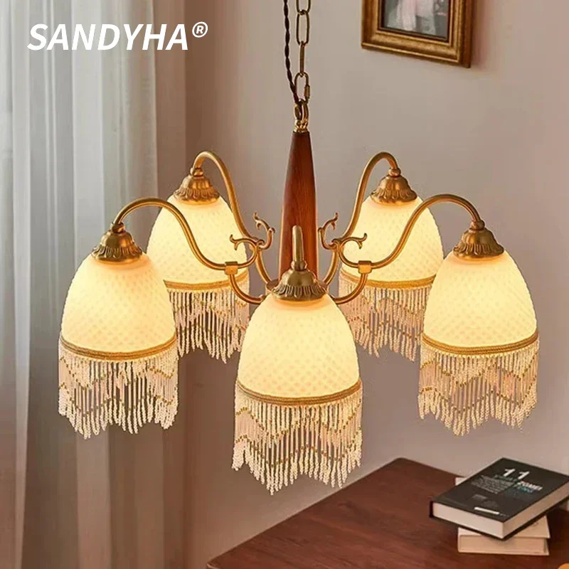 

SANDYHA French Retro Chandelier Copper Tassel Pendant Lights LED Lamps for Living Room Bedroom Decoration Dining Table Lighting