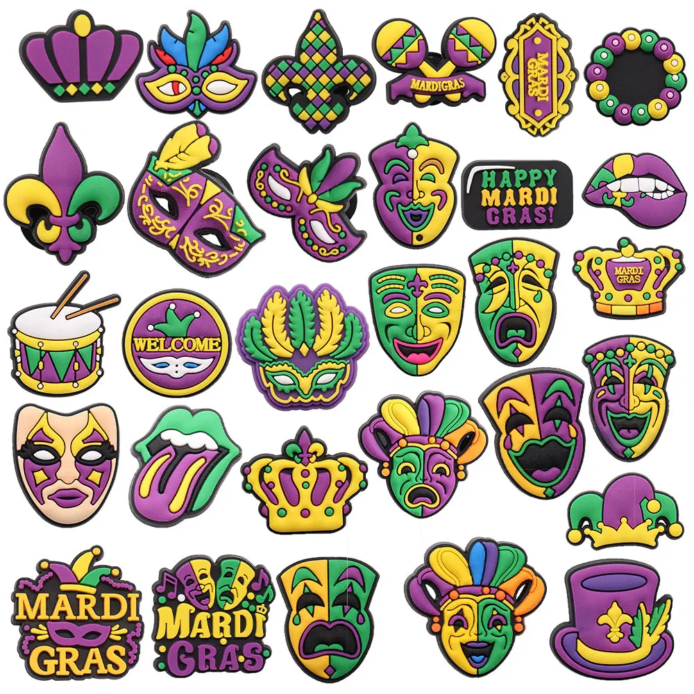 Mix 50pcs PVC Happy Mardi Gras Mask Bracelet Crown Lip Hat Welcome Shoe Charms Sandals Shoes Decoration Hole Slipper Accessories