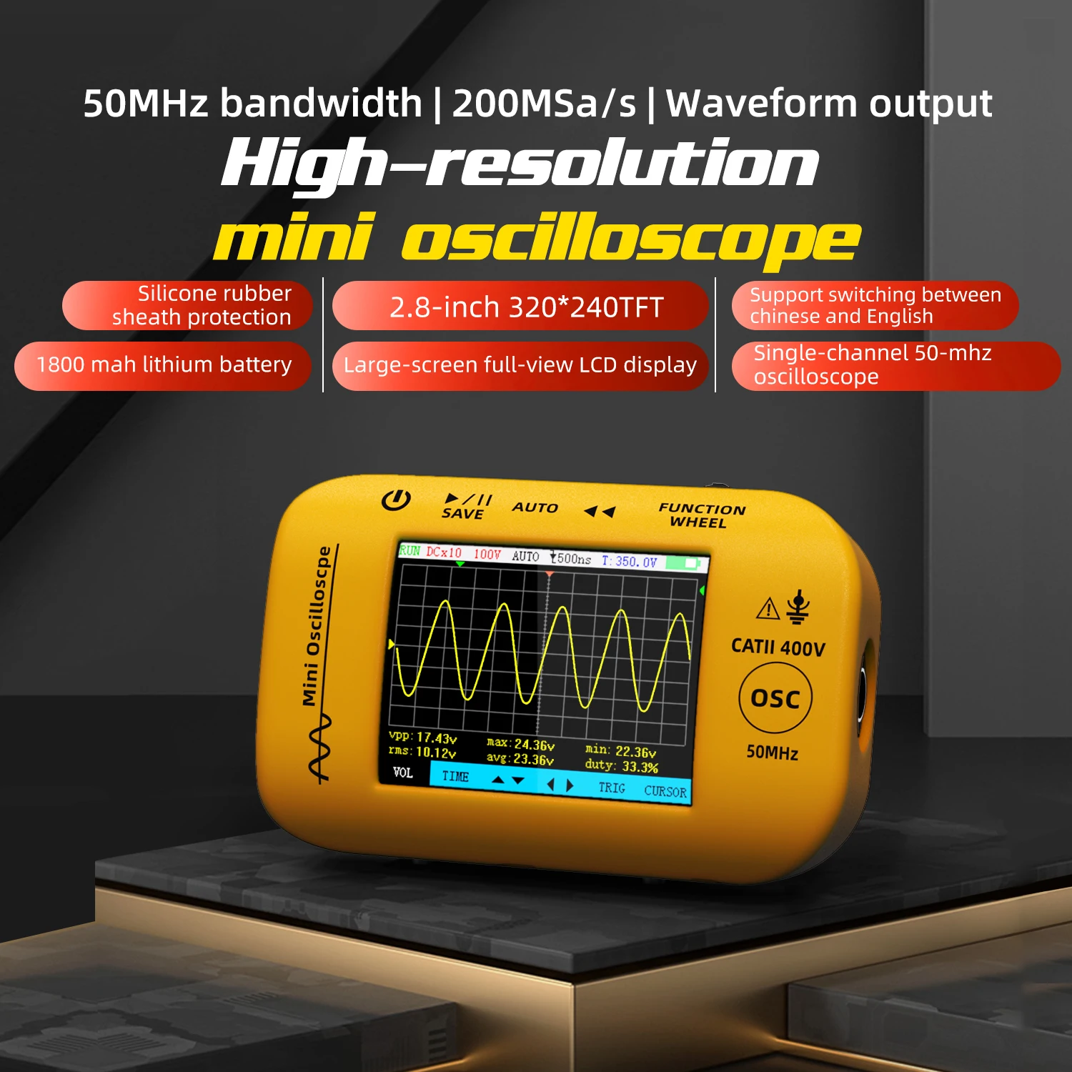 

BSIDE OT4 Mini Oscilloscope 50MHz 200MSa/s Portable Pocket Scope 2.8" TFT USB-C 1800mAh Folding Stand for Electronic Repair Tool