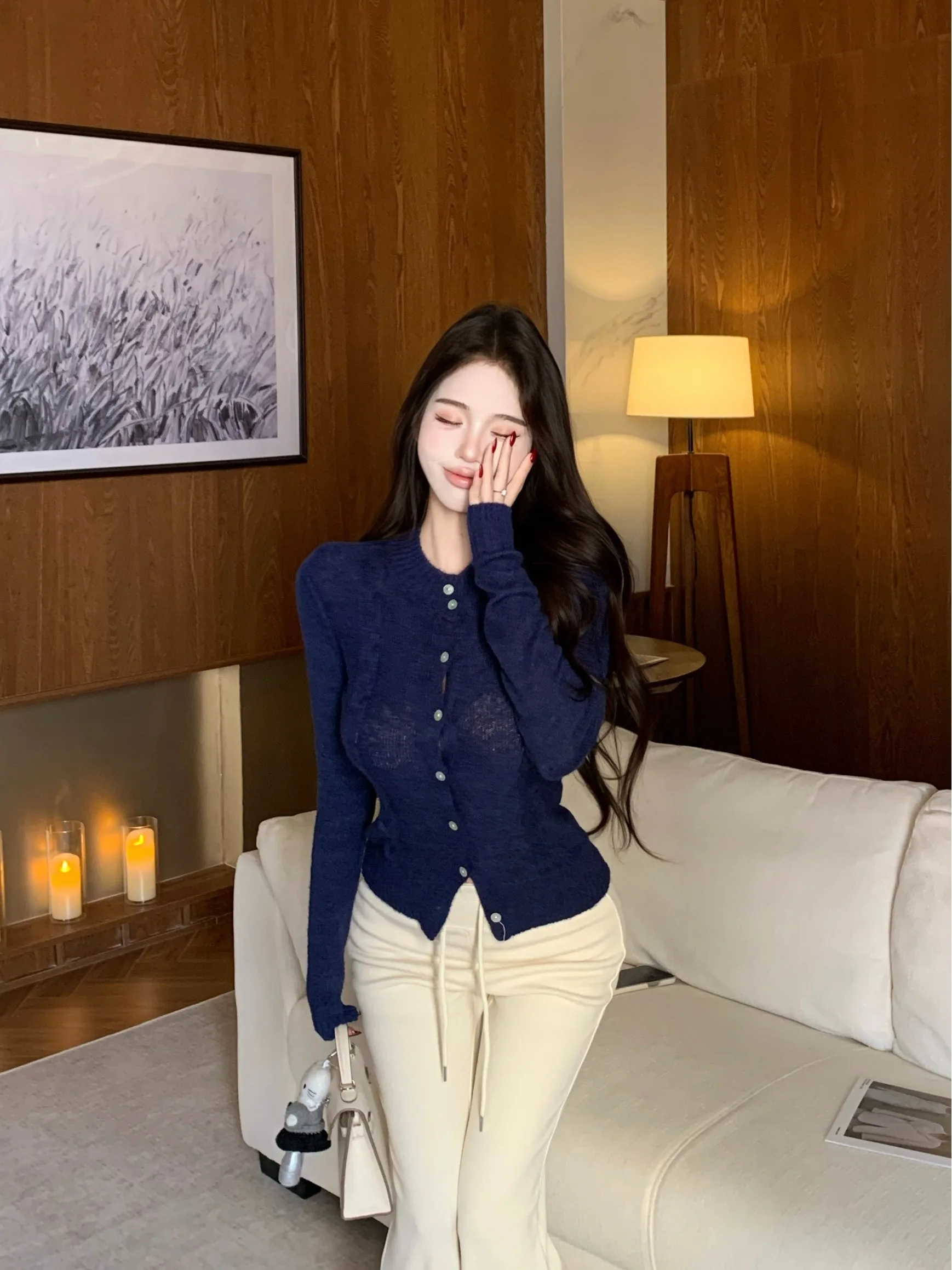 

Приталенный вязаный кардиган с круглым вырезом, женский модный свитер в корейском стиле с длинными рукавами на пуговицах, весенняя новинка