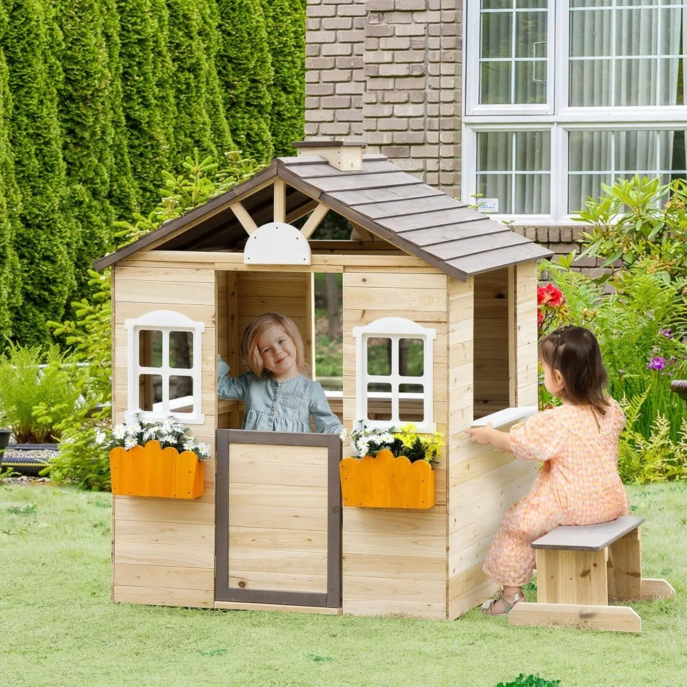 

Playhouses, Wooden Playhouse for Kids Outdoor Garden Pretend Play Games, Adventures Cottage, with Working Door, Windows, Bench