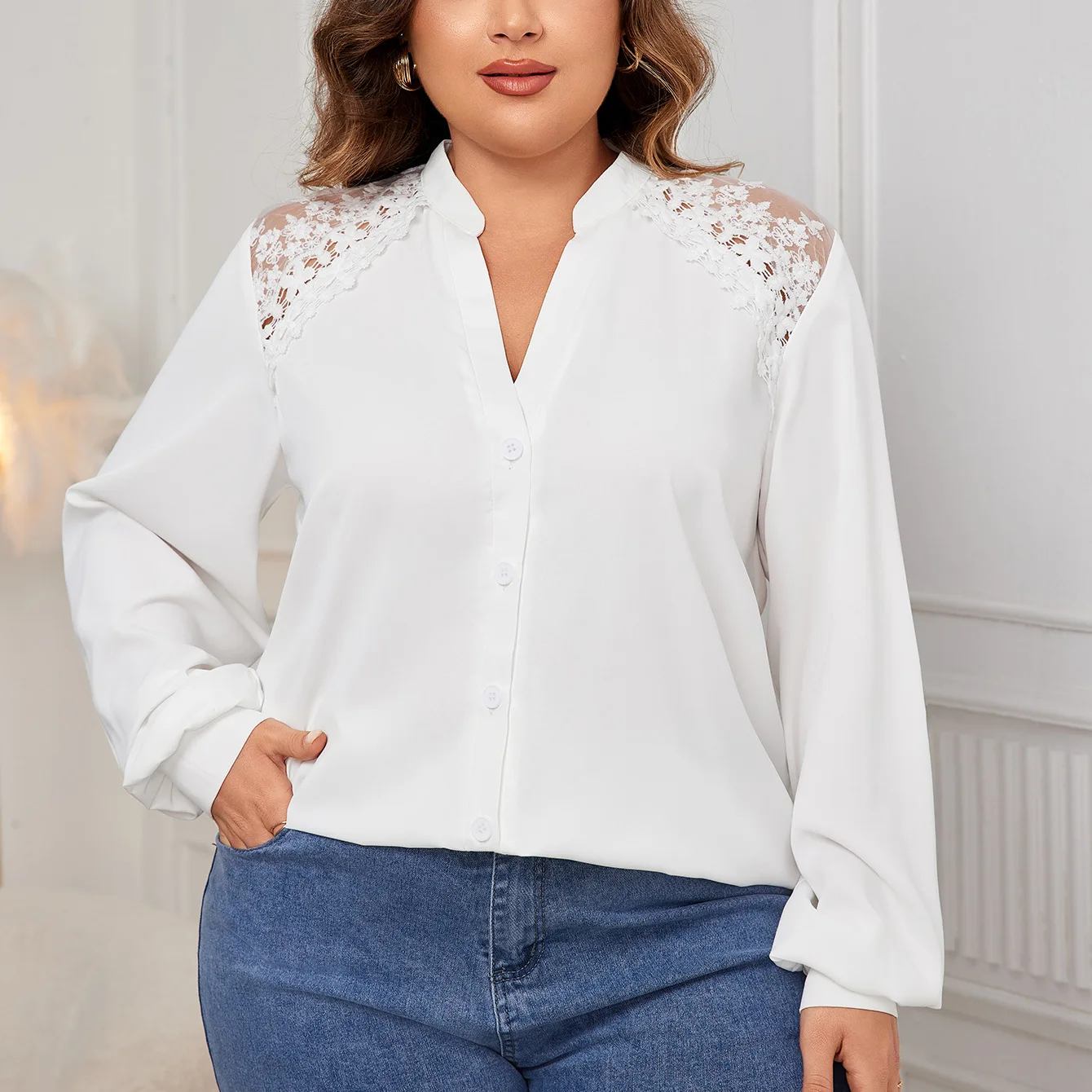 Chemise blanche brodée à manches longues pour femmes, grande taille, douce, dame de bureau, chemises respirantes monochromes pour femmes, automne, printemps, hiver