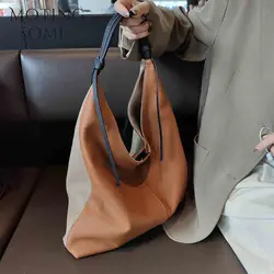 Motingsome Soft Cow Leather Handbag for Women Minimalism Patchwork Color Shoulder Fashionable Casual Tote Oversize Bags 2024 New