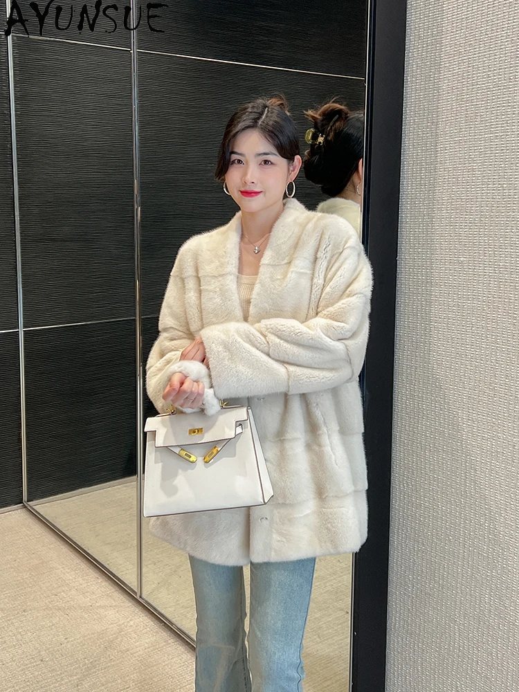 AYUNSUE Natural Velvet Mink Fur Jacket Woman V-Neck Luxury Whole Mink Coat for Woman Clothing 2025 High Quality Кофта С Мехом
