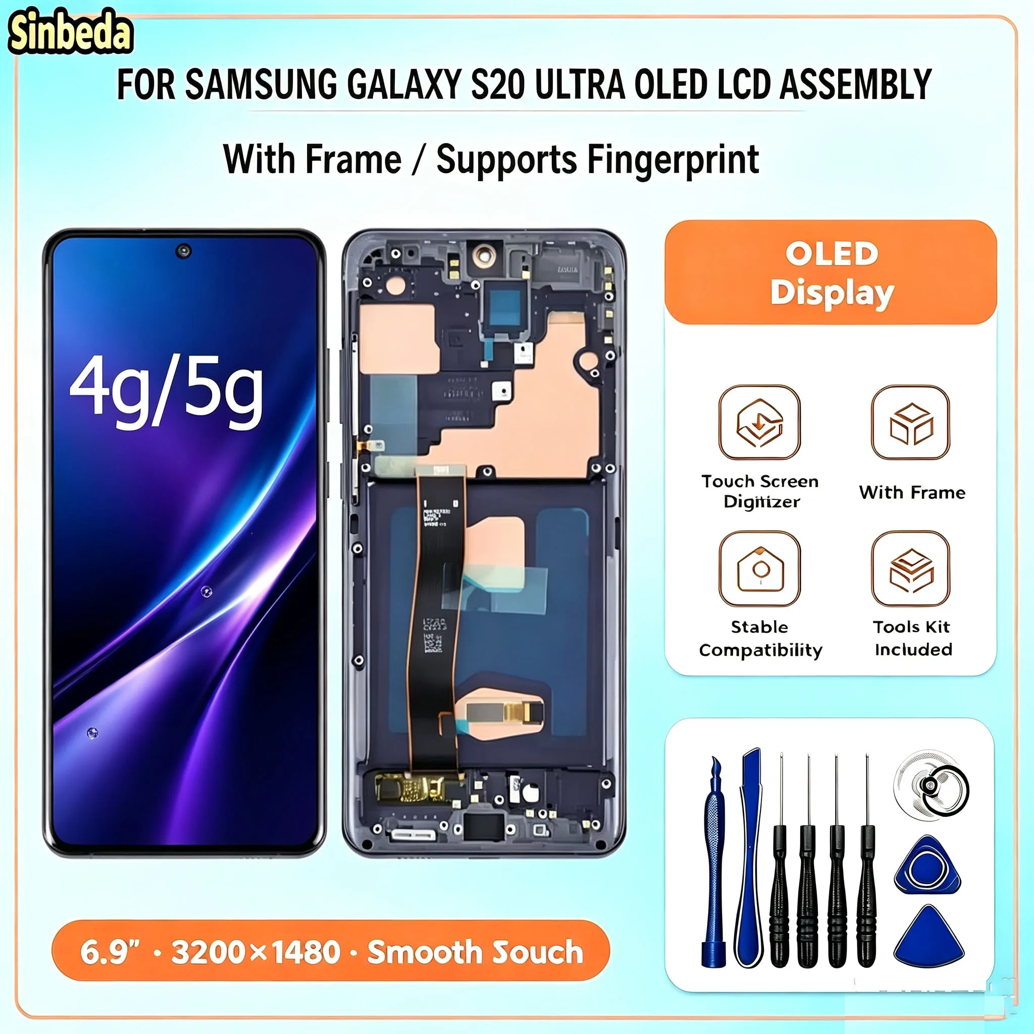 OLED LCD Display For Samsung Galaxy S20 Ultra G988B/DS G988B G988 G9880 With Frame Fingerprint Curved Screen With Repair Tools