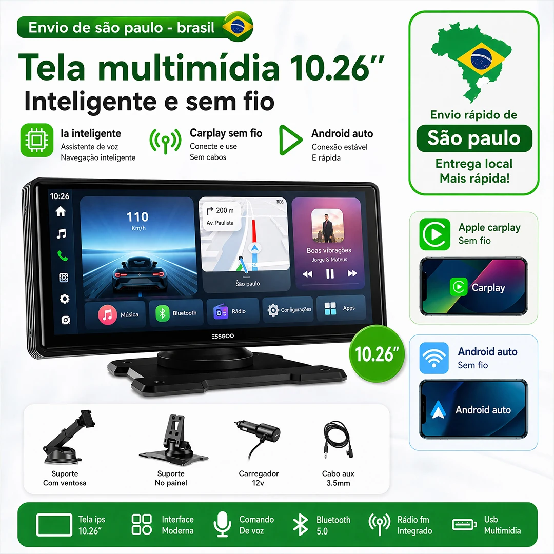 ESSGOO Tela Portátil 10,26 "Sem Fio CarPlay Android Auto Câmera de Ré HD Rádio DVR MP5 Leitor Multimídia para Carro