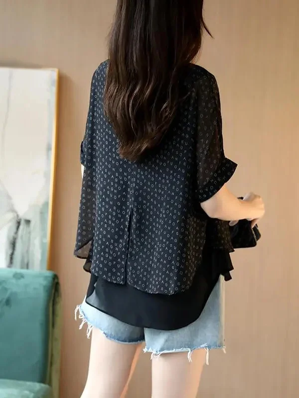 

Bla Letter Print ort Sve Chiffon Top Women Summer New Loose Thin Belly Covering Casual round Ne Design Sensation