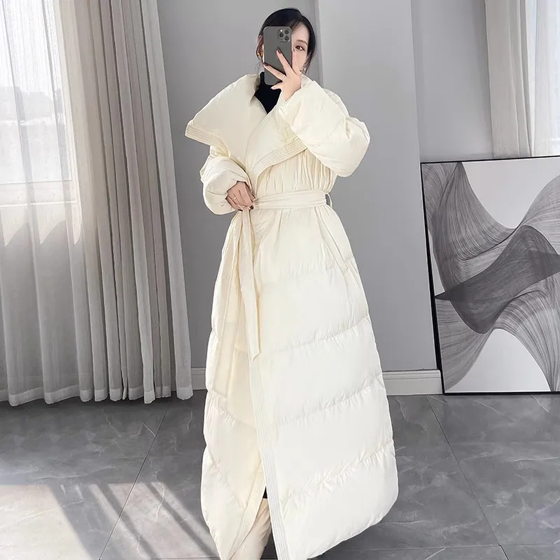 2024Winter New Female Thicken Extra Long White Duck Down Coat Fashion Temperament Women's Style Slim Down Parker Coat With Belt