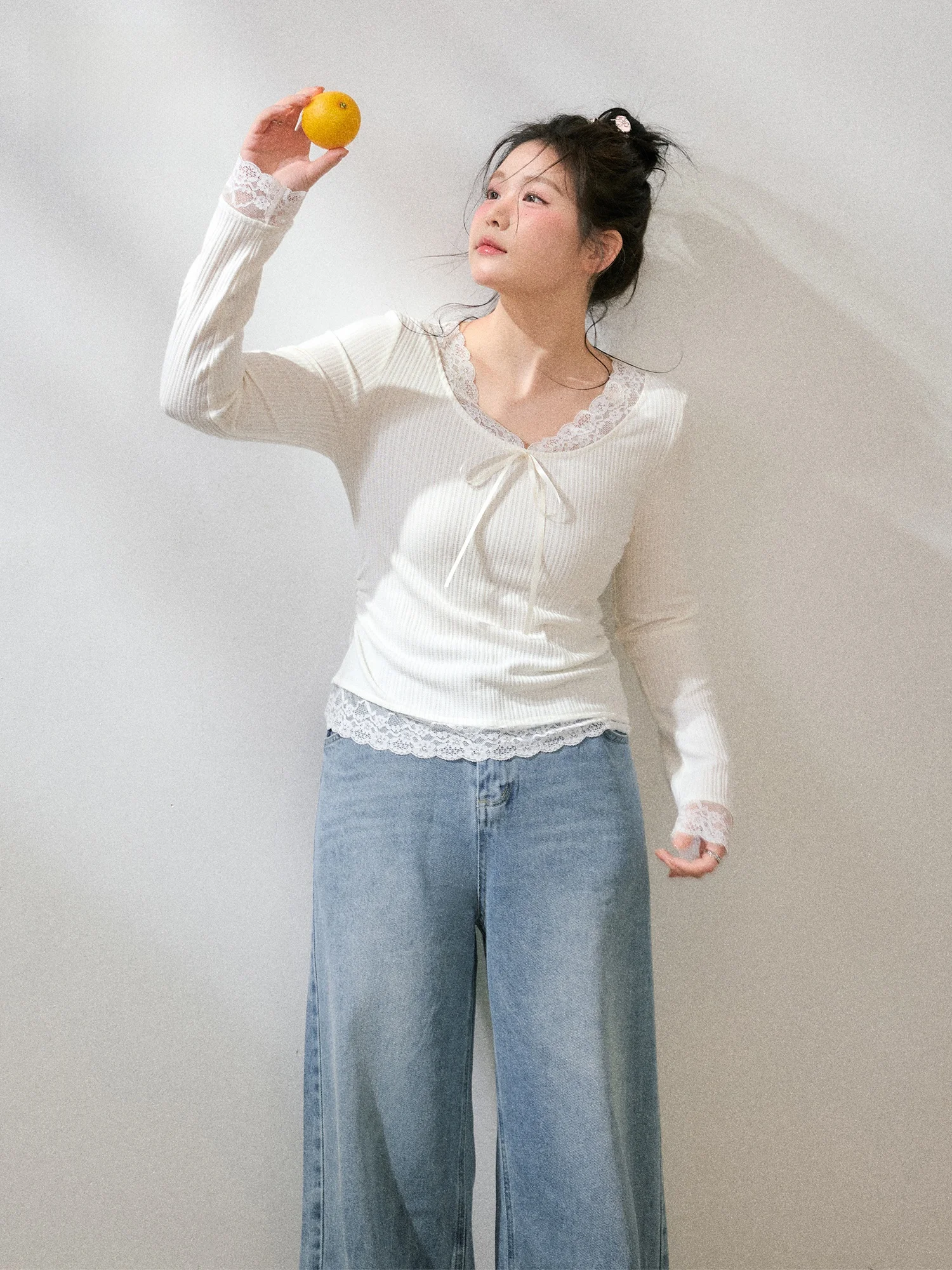 

White Lace Trim Slim Fit Base irt plus Size Women's Faion Gentle Sle Splicing Design Micro Fat SisterMM Korean Sle