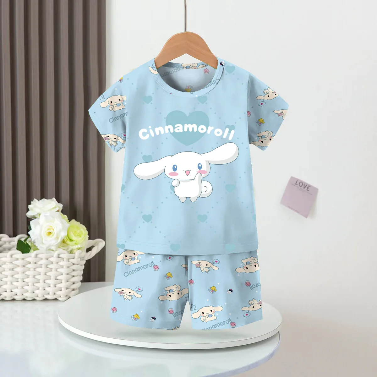 

Anime Summer Kids Ice Silk Pajamas Kawaii MyMelodys Kuromis Cinnamorolls Cartoon Short Sleeve Cardigan Loungewear Set