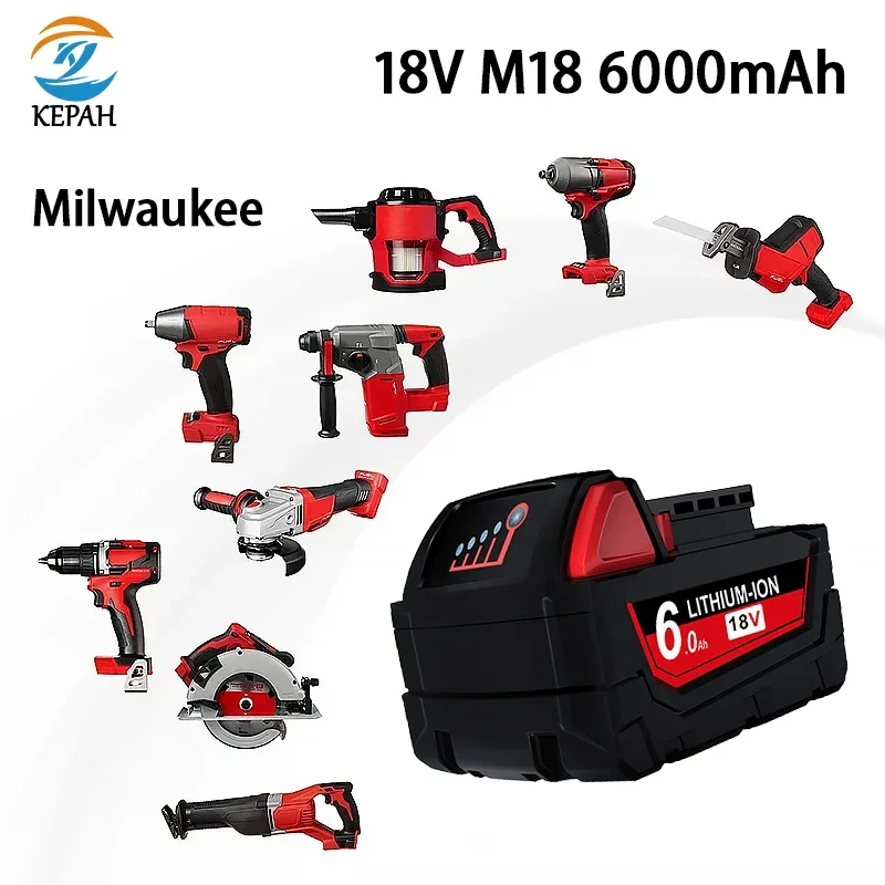 

For Milwaukee M18 Power Tool Battery, Charger, BR, XC, 18V, 6000mAh/12000mAh， M18B5, 48-11-1860, Built-in 18650 Battery