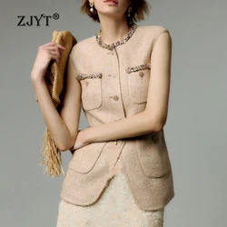 ZJYT Autumn Winter Women O Neck Tweed Woolen Vest Jacket Sleeveless Vintage Tops Elegant Lady Single Breasted Vest Coats Female