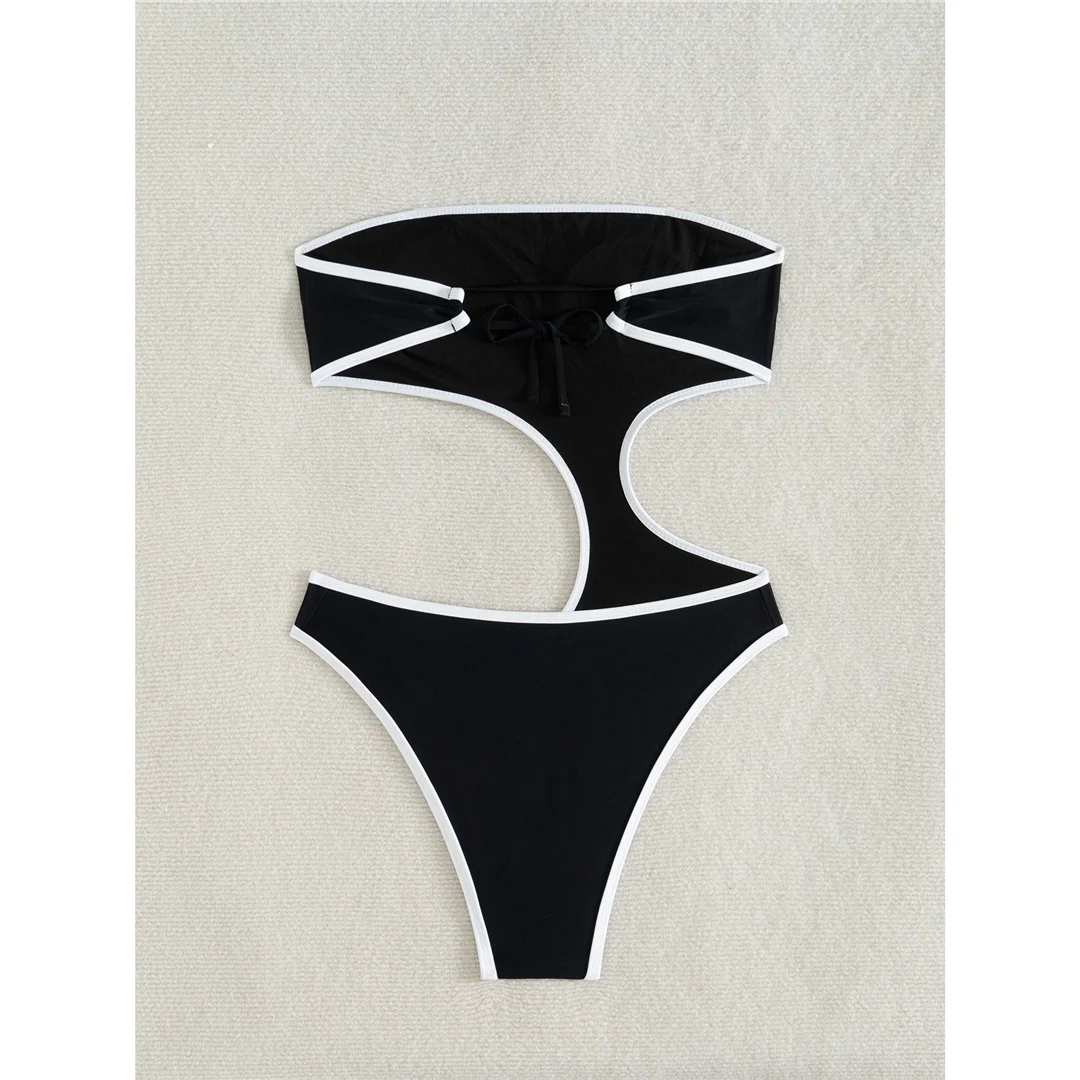Asymmetrischer Bandeau-Badeanzug mit Cut-Outs, einteiliger Badeanzug für Damen, Badebekleidung für Frauen, Monokini mit hohem Beinausschnitt, gepolsterter Badeanzug, Badeanzug, Modell V7057. – Detail 7