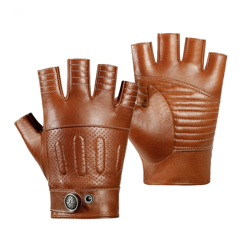 

Men's Genuine Sheepskin Half Finger Gloves, Breathable Non-Slip Leather Gloves for Driving, Cycling and Motorcycles