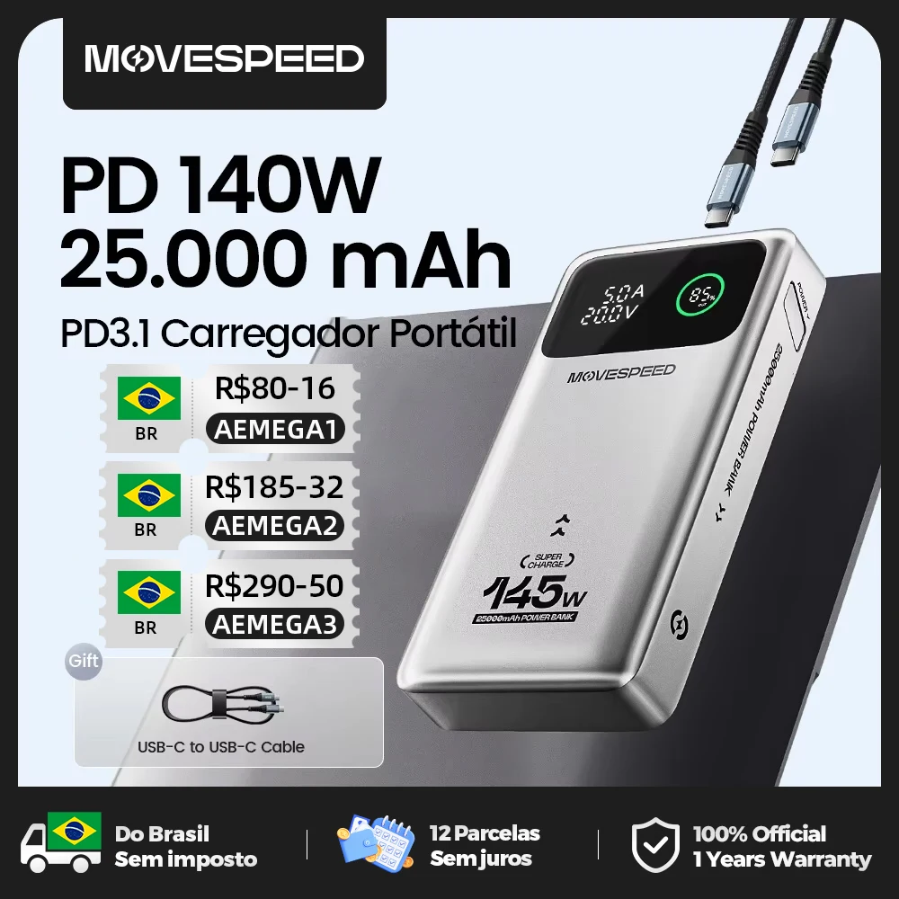 Movespeed m25pro 140w Carregador Portátil 25000mah pd3.1 carga rápida bateria externa portátil 100w powerbank para macbook notebook para Motorola Samsung