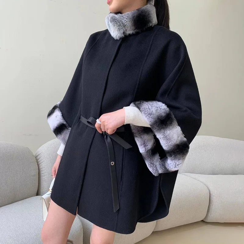 

Women's Winter Real Wool Cashmere Coat Fashion Poncho Rex Rabbit Fur Collar Outerwear SL6293