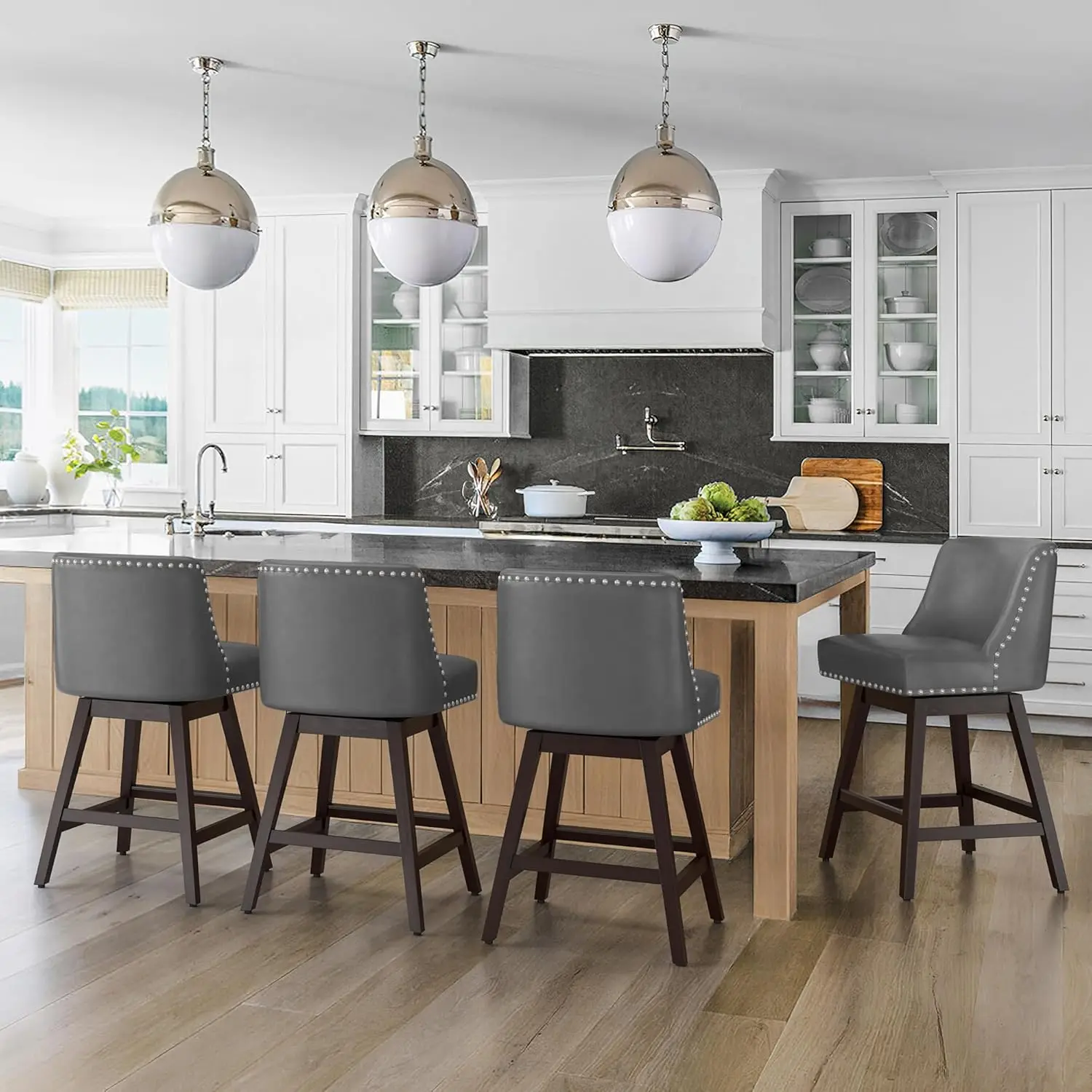 

26 Inch Bar Stools Set Of 4, Dark Gray Swivel Counter Stools With Back, Faux Leather Upholstered Barstools, Solid, Customized