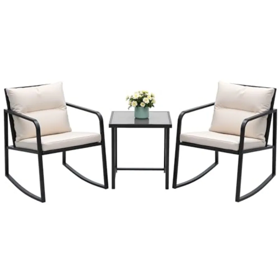 

3 Piece Rocking Bistro Set for Patio, Porch Outdoor Use: Wicker Chairs + Glass Coffee Table, Beige, Weather-Resistant Comfortab