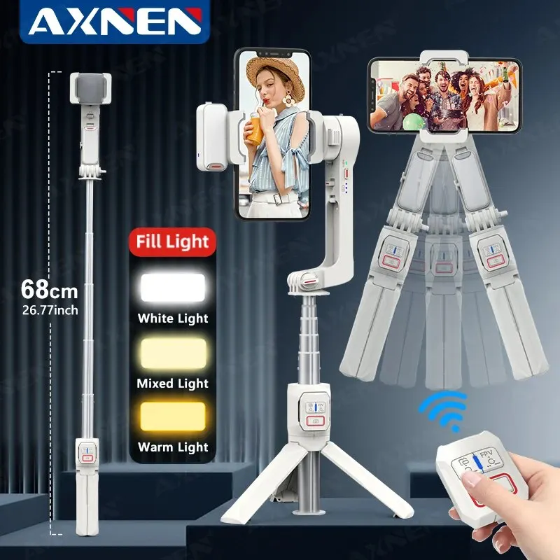 AXNEN A10 Smartphone Handheld Gimbal Selfie Tripod with Fill Light Extend Rod, Phone Video Record Stabilizer for iPhone Android