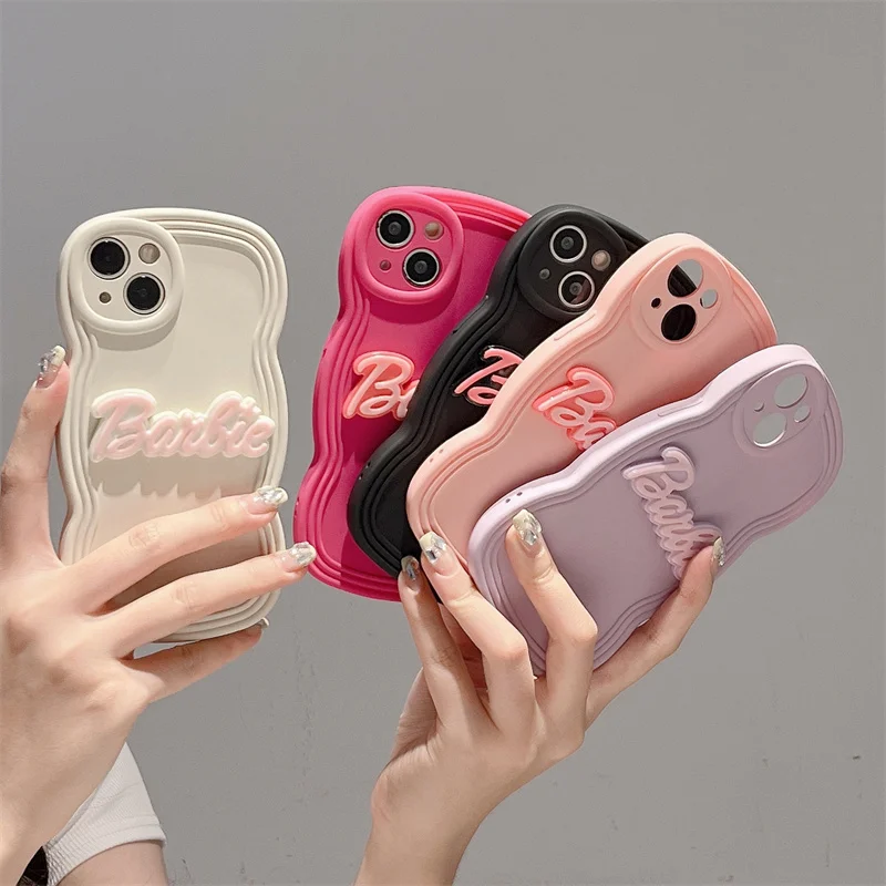 Fashion Barbie Cute Solid Curly Wave Phone Case For iPhone 15 14 13 12 11 Pro Max X XR XS Candy Soft Shockproof Bumper Cover