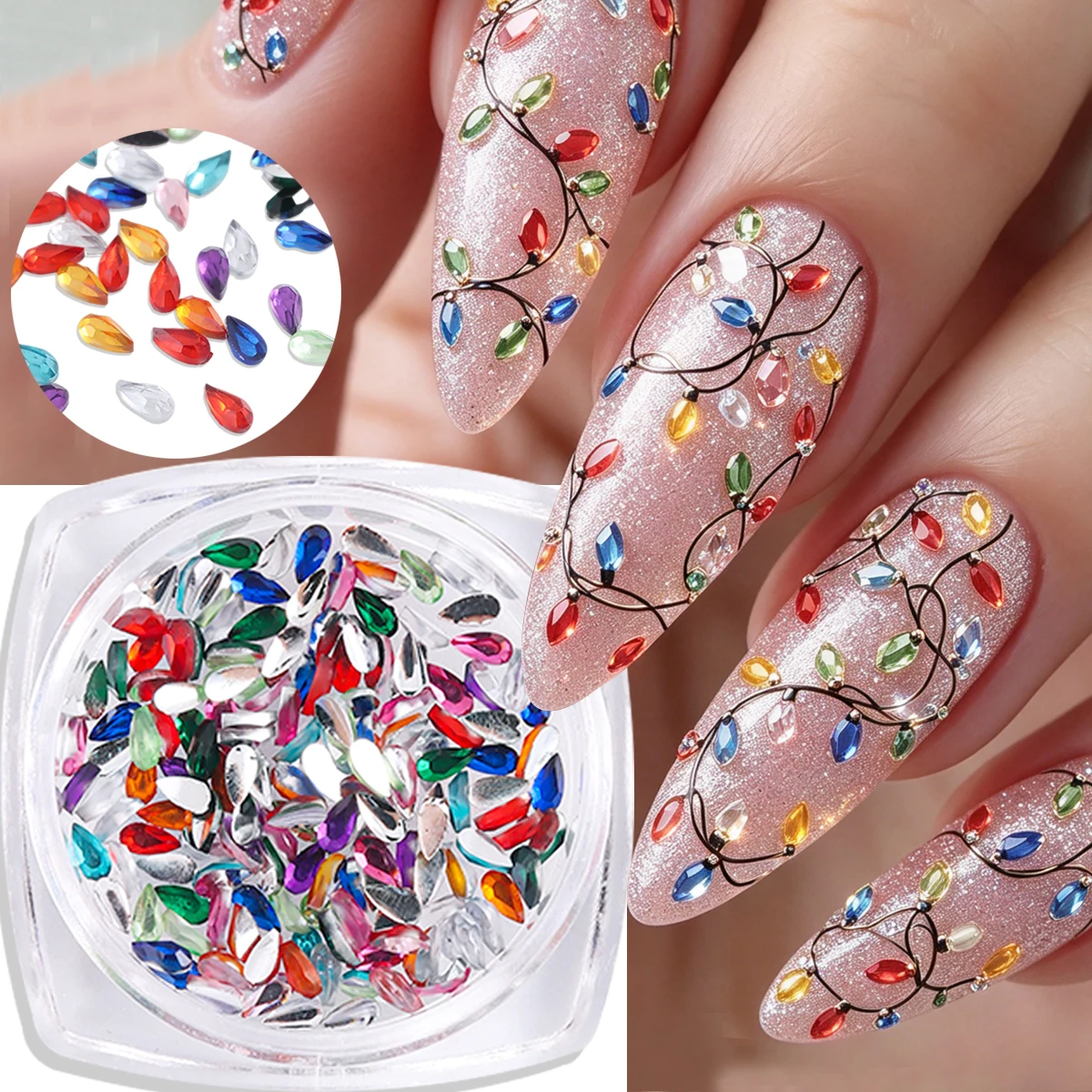 Colorful Teardrop Nail Rhinestones Christmas light Crystal Gems Water Drop Shape Nail Art Charms Holiday Christmas Nail Accessor