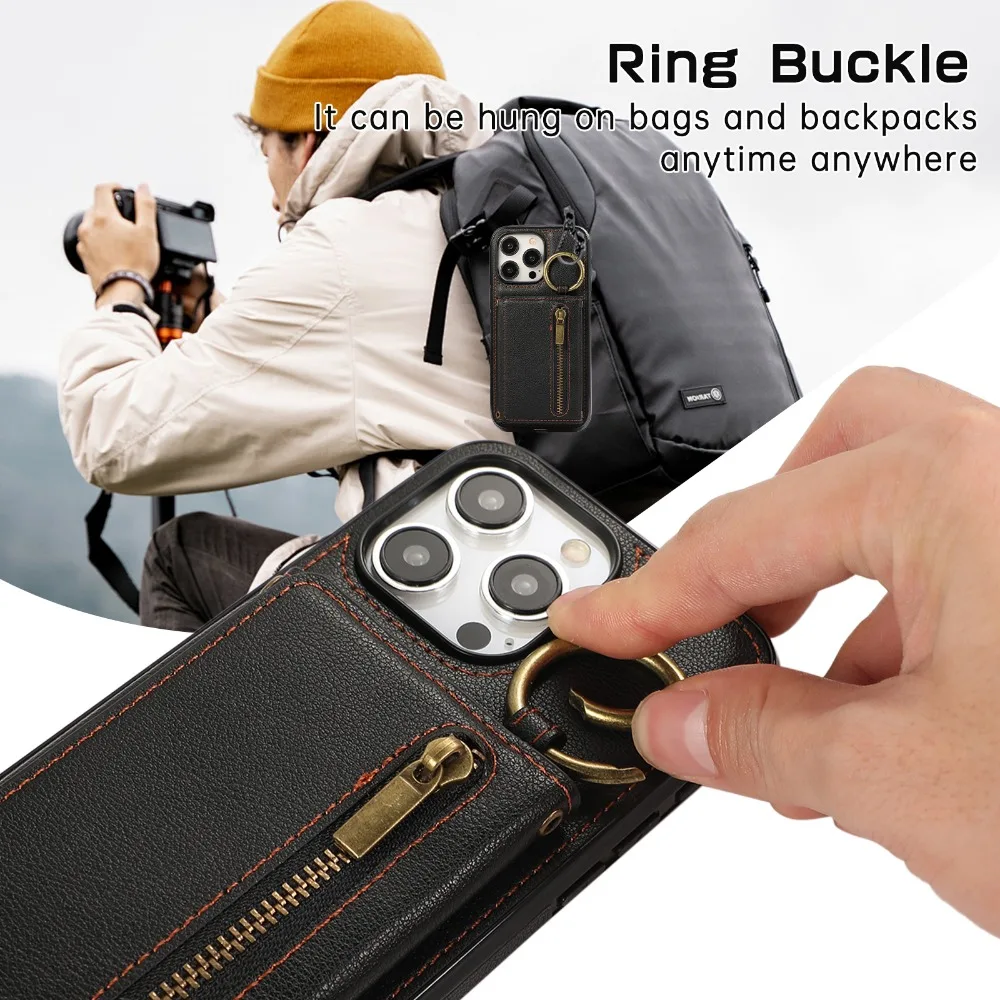 Crossbody Zipper Wallet Ring Phone Case for IPhone 16 15 Pro Max 14 Plus 11 13 12 Mini XS XR 7 8 Leather with Card Holder Cover