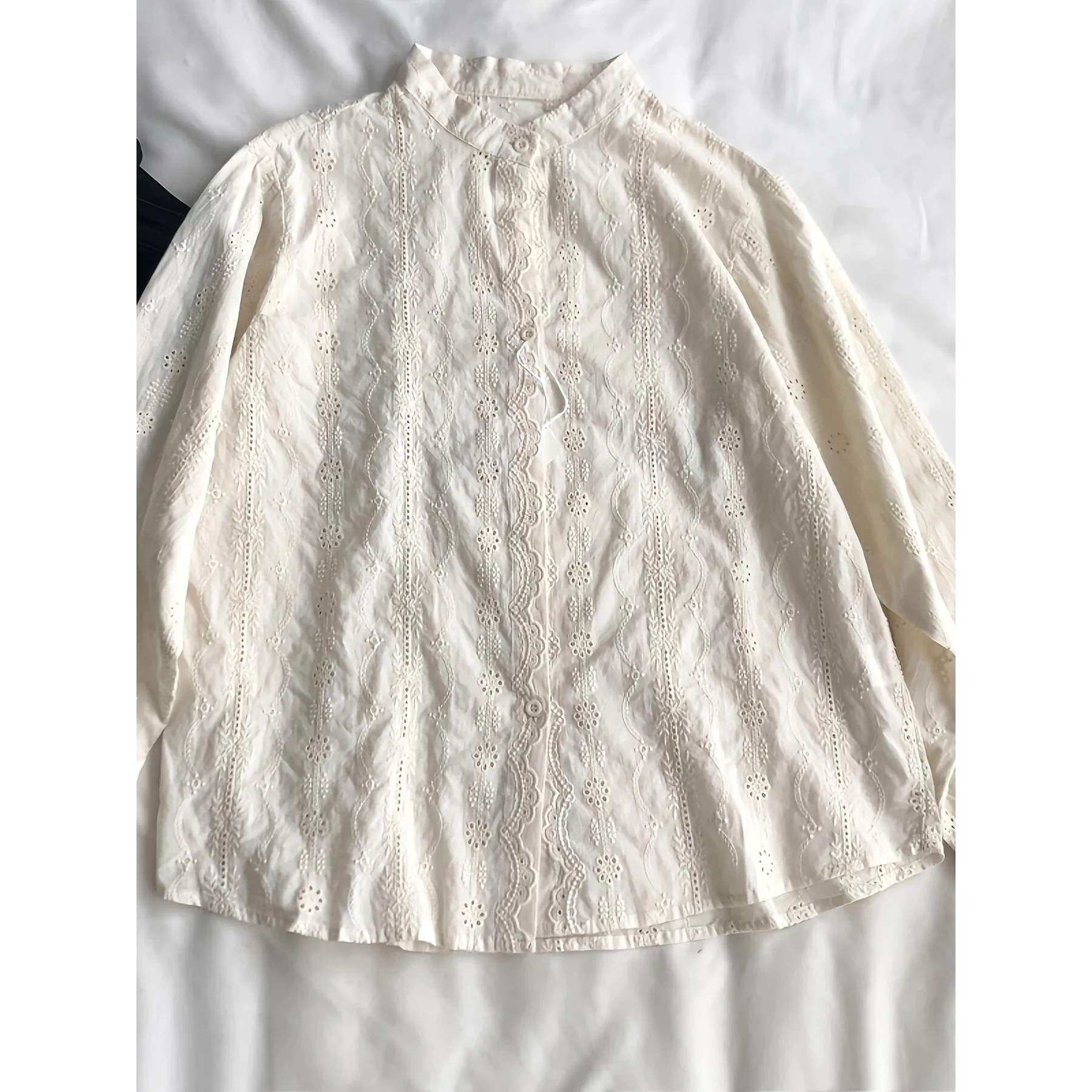 

Beige Embroidered Shirt Women's Princess Sleeve Top Quality Fabric Non-deformable Fashionable Cross-border Spring 2026