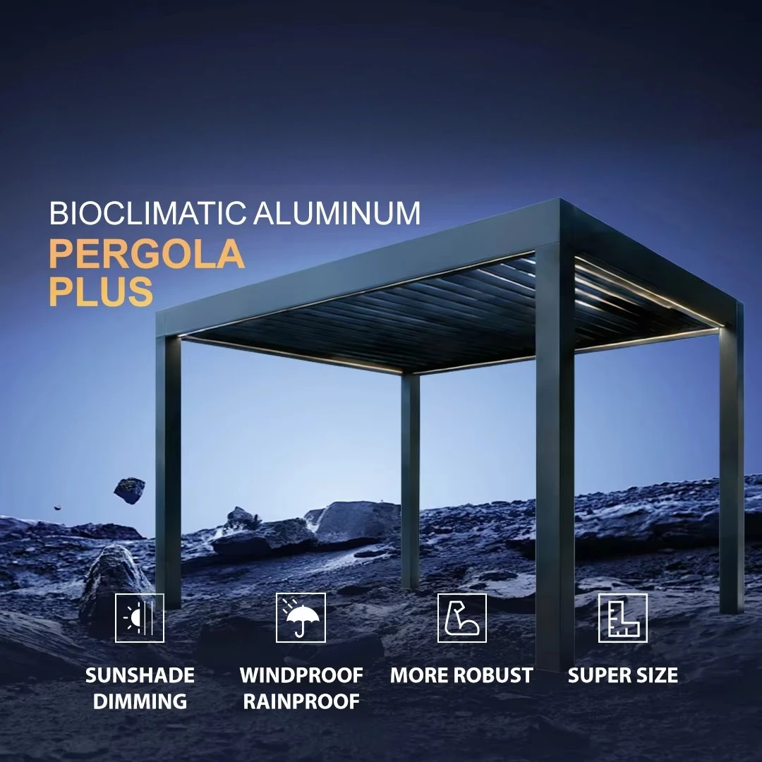 Motorized Aluminum Pergola, Solar Panel Ready, Waterproof Windproof Snow‑resistant Outdoor Gazebo for Swimming Pool