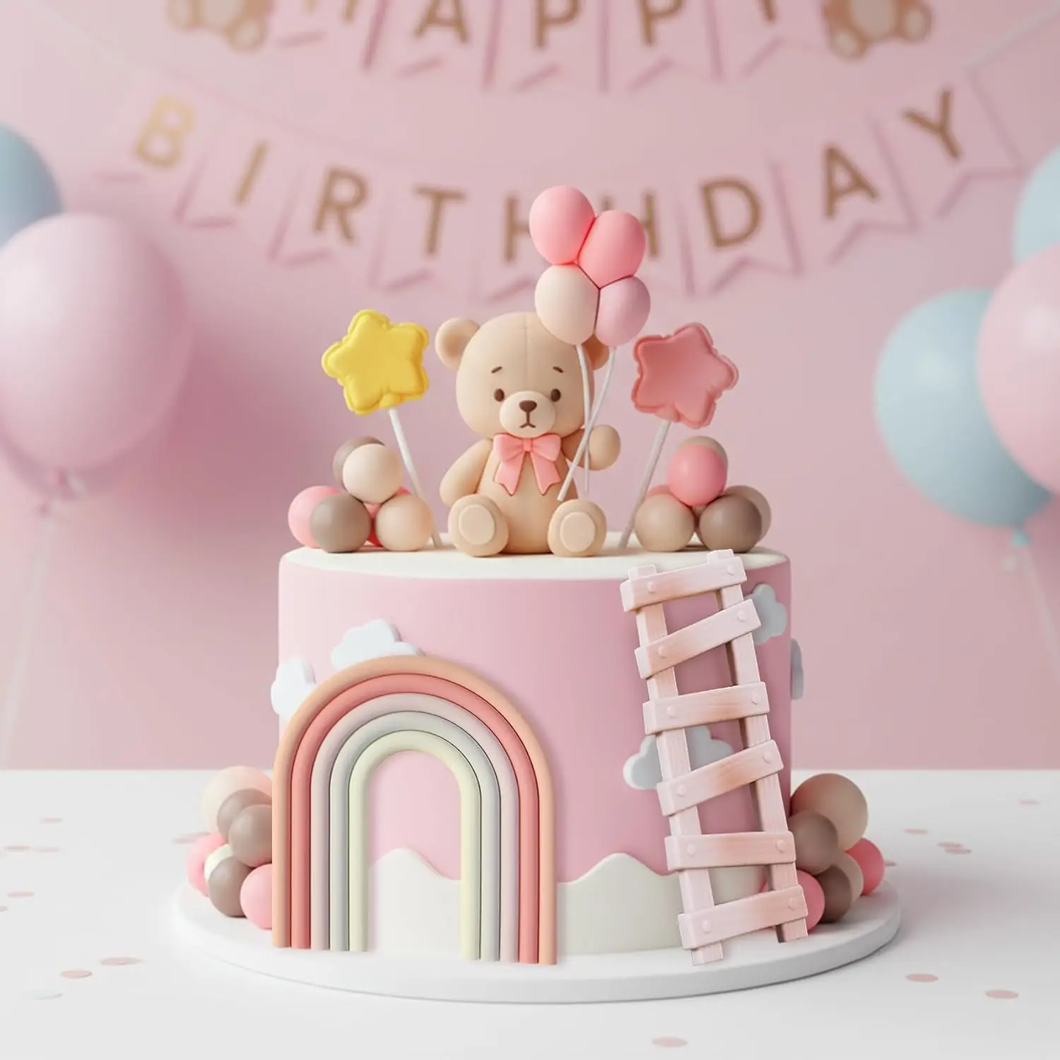 Bären-Kuchendekoration Babybär mit Ballon-Wolke Kuchenaufsatz Rosa Schleife Bär Regenbogen Kuchendeko für Geburtstag Babyparty – Detail 11