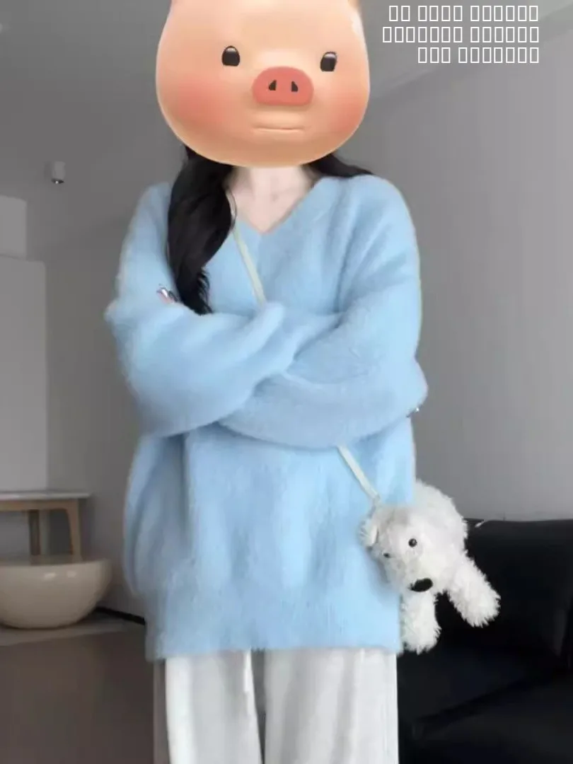 Gemütlicher Thiened Herbst Winter Milchblauer Pelzpullover V-Ne Loose Fit Damenoberbekleidung Lazy Sle Sweet Sle Pure Color