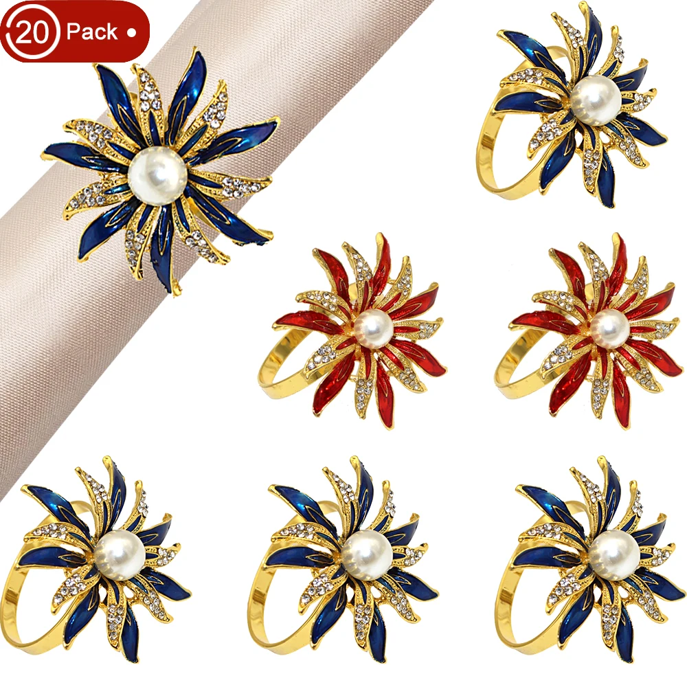 

20Pcs Crystal Rhinestone Napkin Rings Red Blue Flower Napkin Holder for Christmas Dinning Table Wedding Party Everyday Use HB223