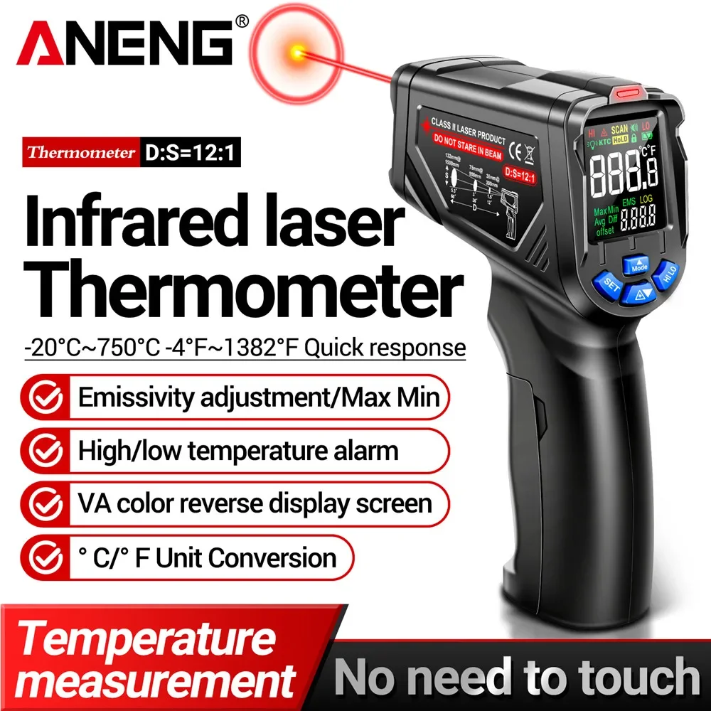 aneng th06 temperatura infravermelho gun termometro de tela reversa va 01100 detector industrial ajustavel sensor ferramenta instrumento 01