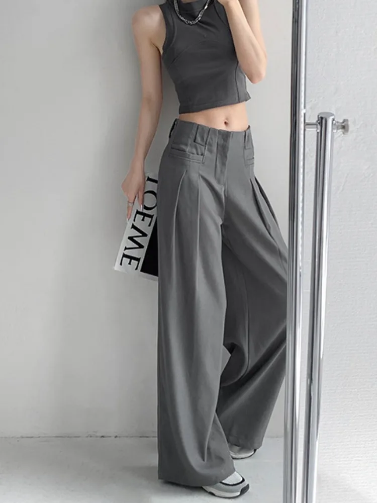 

Брюки, брюки, винтажные однотонные офисные брюки 90-х годов, широкие брюки с карманами для женщин, пошивная одежда, женские пуговицы с высокой талией